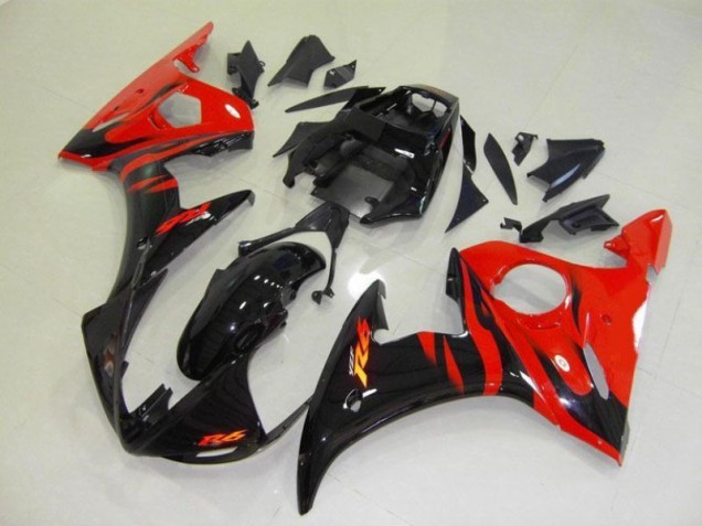 Affordable 2003-2005 Black Red Flame Yamaha YZF R6 Bike Fairing Kit UK
