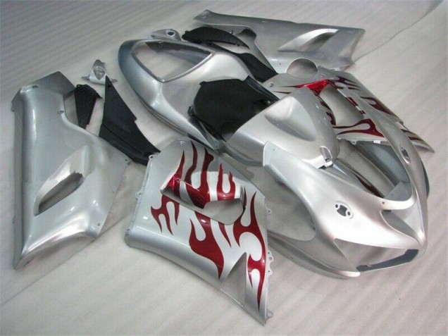 Affordable 2005-2006 Silver Red Flames Kawasaki ZX6R Motorcycle Fairings UK Affordable 2005-2006 Silver Red Flames Kawasaki ZX6R Motorcycle Fairings UK