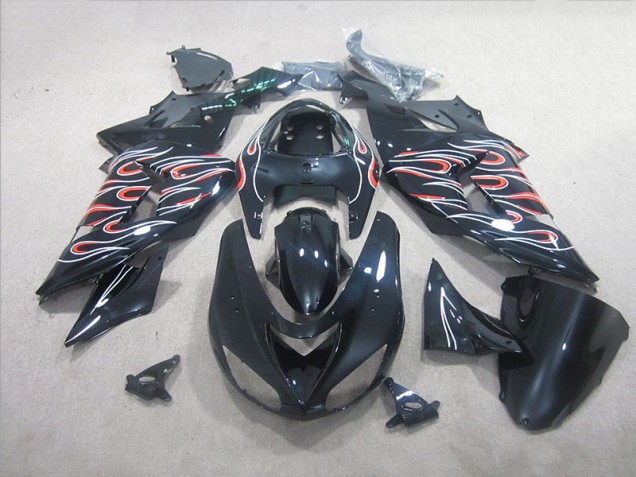 Affordable 2006-2007 Black White Red Flame Kawasaki ZX10R Motorbike Fairing UK Affordable 2006-2007 Black White Red Flame Kawasaki ZX10R Motorbike Fairing UK