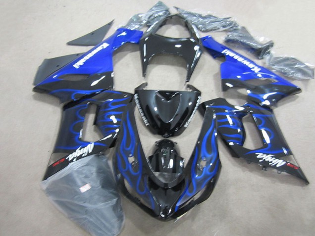 Affordable 2005-2006 Black Blue Flame Ninja 636 Kawasaki ZX6R Motorcycle Fairings Kits UK