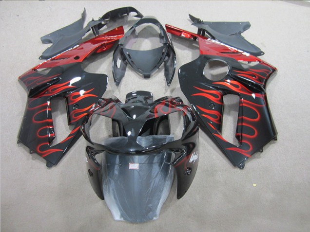 Affordable 2007-2008 Black Red Flame Kawasaki ZX6R Replacement Fairings UK